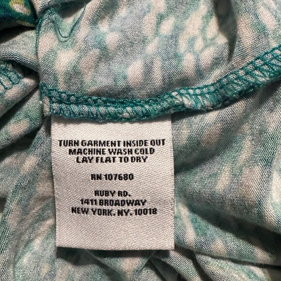 Ruby Rd Blouse XL Green Yellow Beaded Neckline 3/4 Sleeve Stretch Top Boho Print - Picture 8 of 8